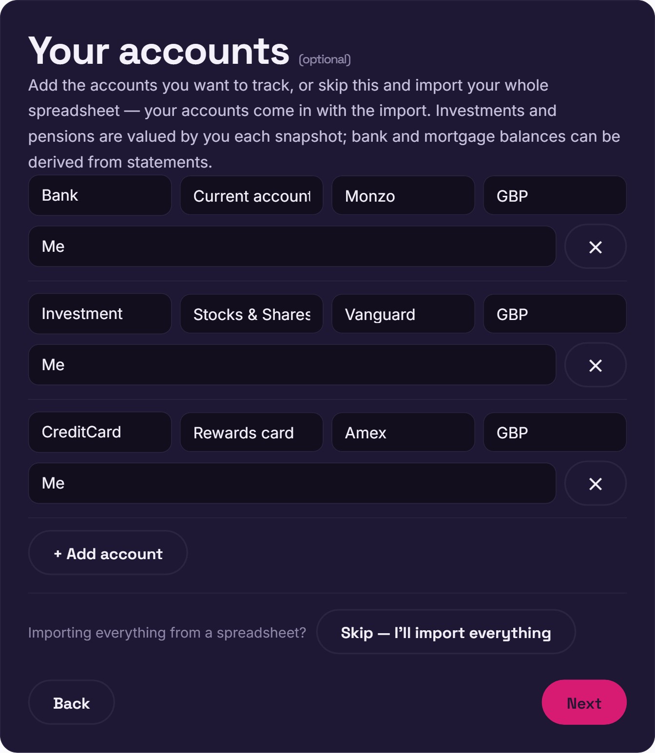 The setup wizard's accounts step with a current account (Monzo), a Stocks & Shares ISA (Vanguard) and a rewards card (Amex)
