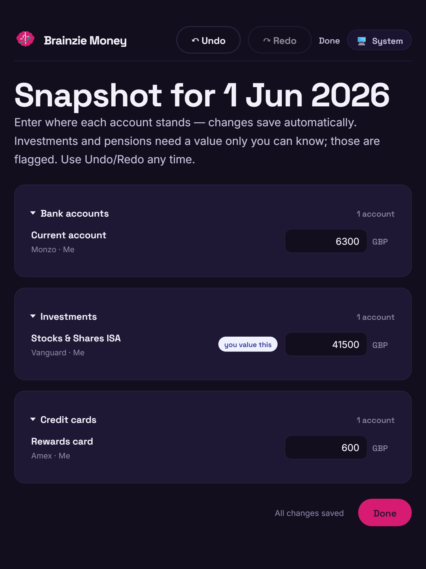 The snapshot screen for 1 Jun 2026 with balances entered for the current account, ISA and card
